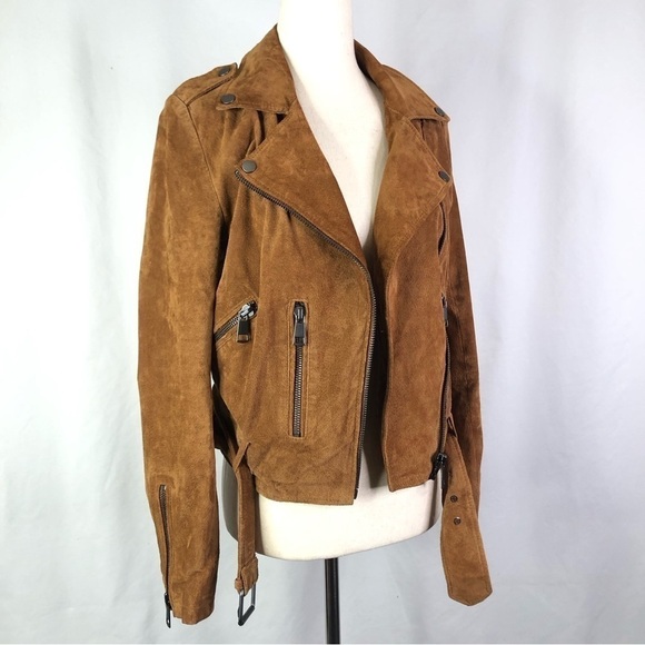 Bagatelle NYC suede motorcycle moto jacket chestnut brown zippered pockets belt - Picture 12 of 12